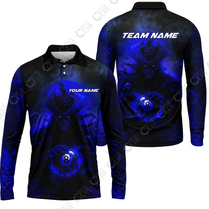 Customized Billiards Long Sleeve Polo Shirt, Personalized Ghost Captains 8 Ball Jersey Gift For Billiard Players