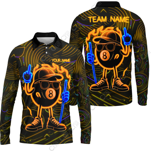 Customized 8 Ball Pool Long Sleeve Polo Shirt, 8-Ball Billiard Neon Cartoon Flaming, Billiard Jerseys