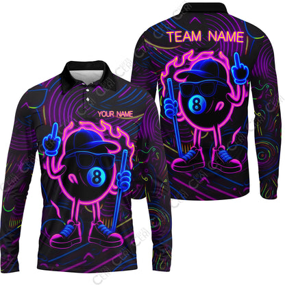 Customized 8 Ball Pool Long Sleeve Polo Shirt, 8-Ball Billiard Neon Cartoon Flaming, Billiard Jerseys