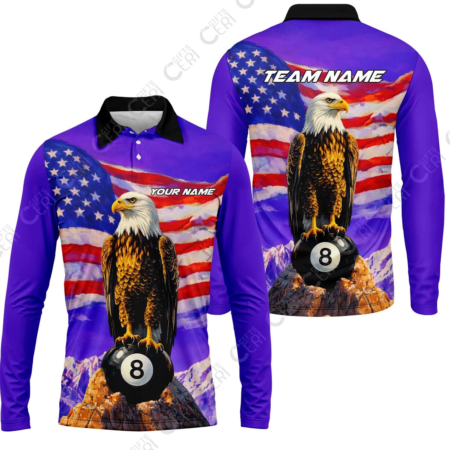 Customized Billiards Long Sleeve Polo Shirt, Personalized American Flag With Eagle 8 Ball Jersey Gift For Billiard Players