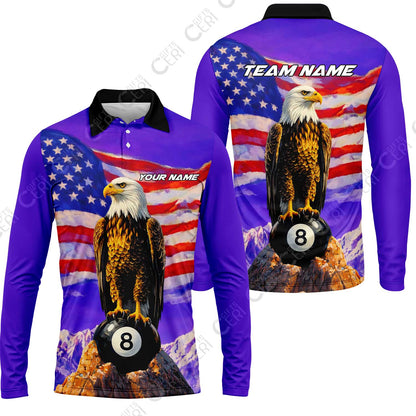 Customized Billiards Long Sleeve Polo Shirt, Personalized American Flag With Eagle 8 Ball Jersey Gift For Billiard Players