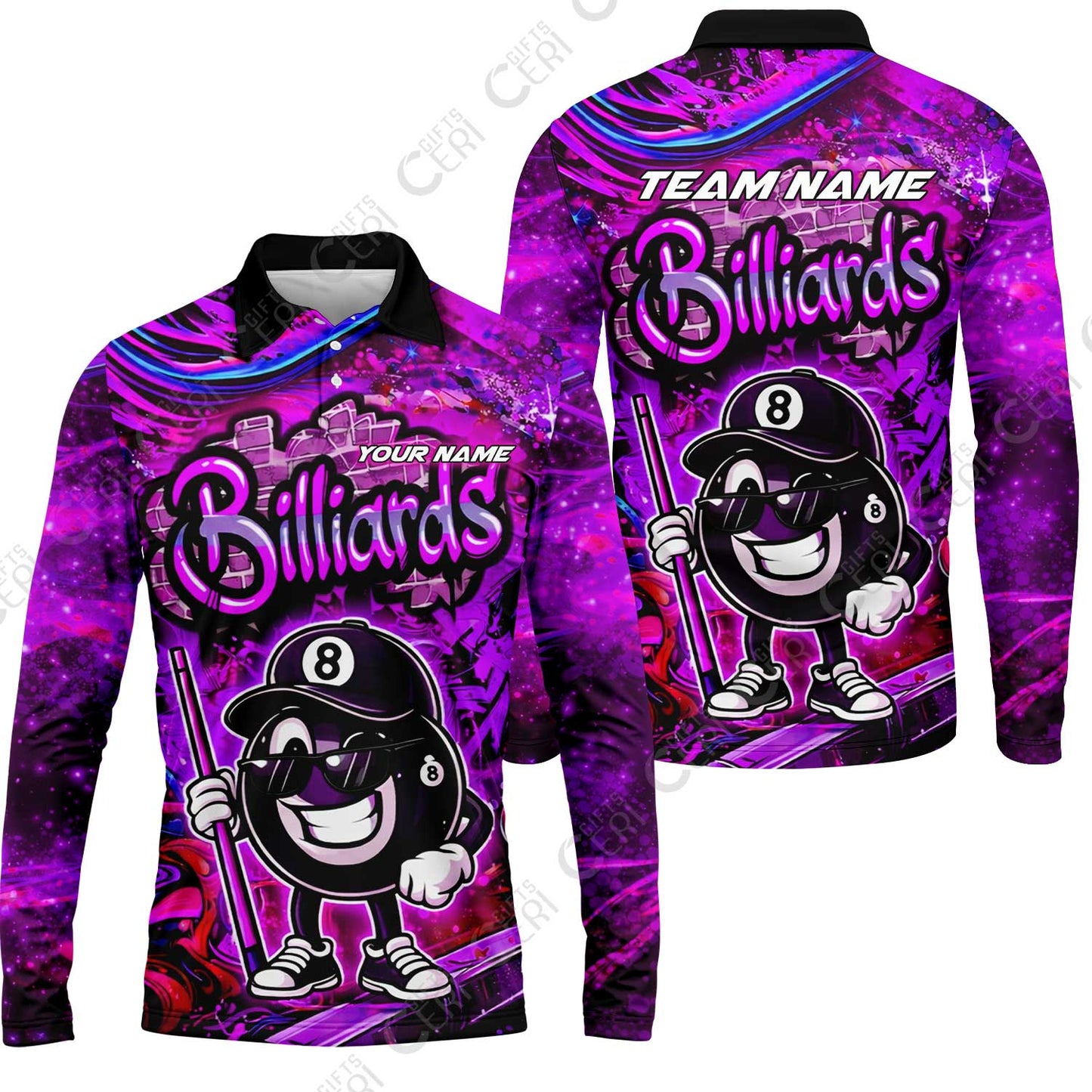 Customized Billiards Long Sleeve Polo Shirt, Personalized Street Graffiti 8 Ball Jersey Gift For Billiard Players