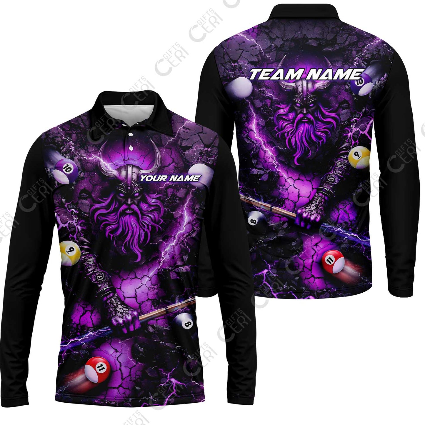 Customized Billiards Long Sleeve Polo Shirt, Personalized Thunder Viking Billiards Jersey Gift For Billiard Players