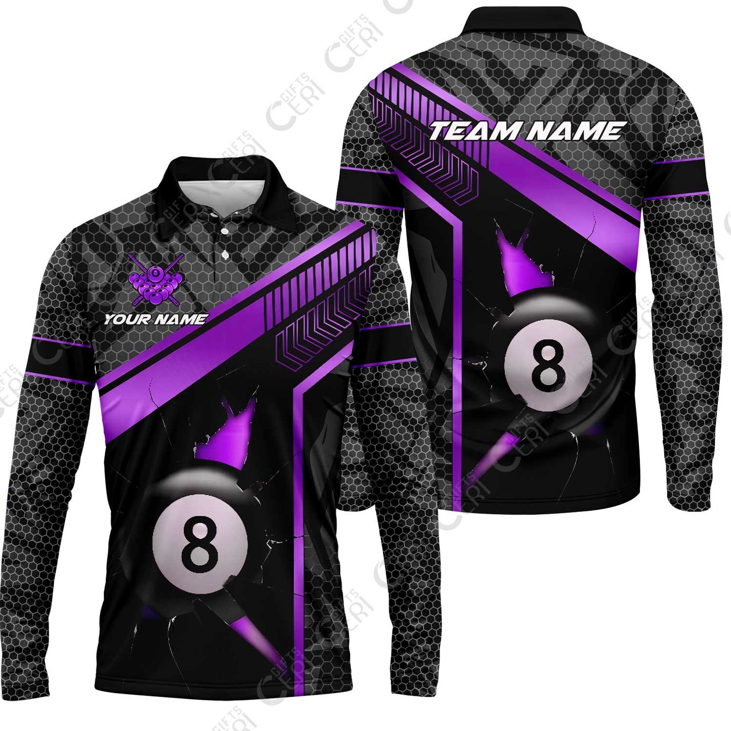 Customized Billiards Long Sleeve Polo Shirt, Personalized Hexagonal Patterns With A Cracked Glass 8 Ball Jersey