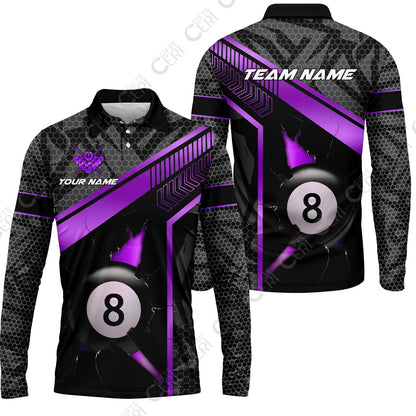Customized Billiards Long Sleeve Polo Shirt, Personalized Hexagonal Patterns With A Cracked Glass 8 Ball Jersey