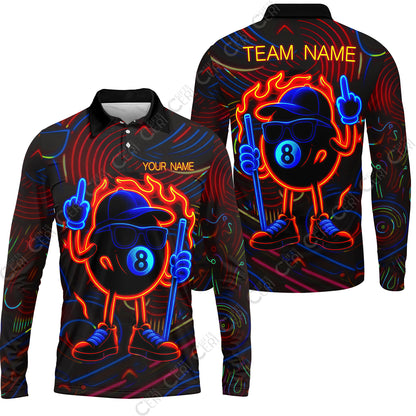 Customized 8 Ball Pool Long Sleeve Polo Shirt, 8-Ball Billiard Neon Cartoon Flaming, Billiard Jerseys