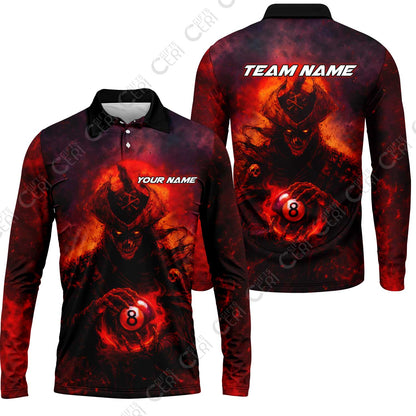 Customized Billiards Long Sleeve Polo Shirt, Personalized Ghost Captains 8 Ball Jersey Gift For Billiard Players