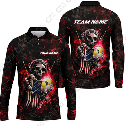 Customized Billiards Long Sleeve Polo Shirt, Personalized Ghost Break 9 Ball Jersey Gift For Billiard Players