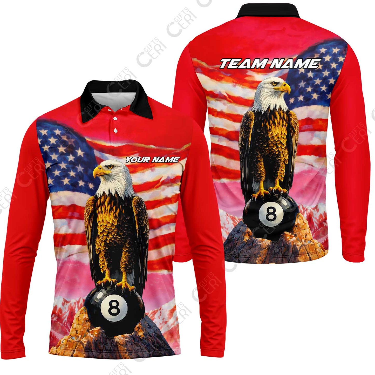 Customized Billiards Long Sleeve Polo Shirt, Personalized American Flag With Eagle 8 Ball Jersey Gift For Billiard Players