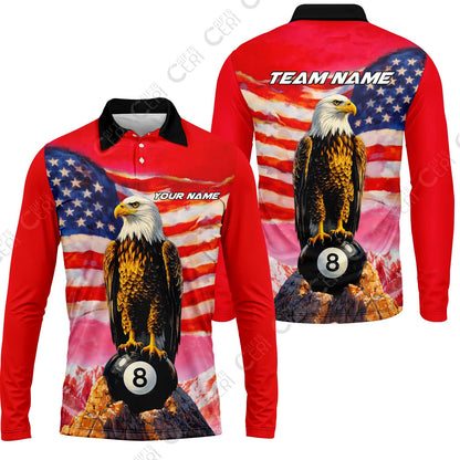 Customized Billiards Long Sleeve Polo Shirt, Personalized American Flag With Eagle 8 Ball Jersey Gift For Billiard Players