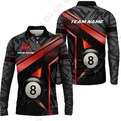 Customized Billiards Long Sleeve Polo Shirt, Personalized Hexagonal Patterns With A Cracked Glass 8 Ball Jersey