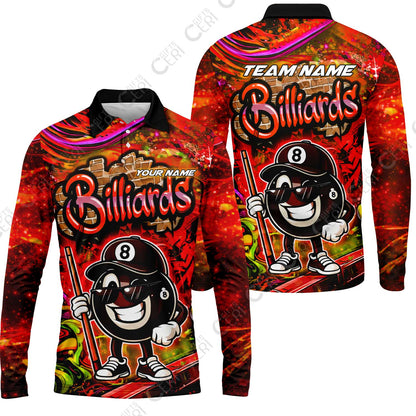Customized Billiards Long Sleeve Polo Shirt, Personalized Street Graffiti 8 Ball Jersey Gift For Billiard Players