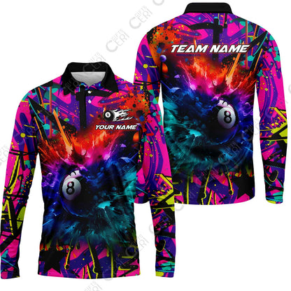 Customized Billiards Long Sleeve Polo Shirt, Personalized Neon Chaos 8 Ball Jersey Gift For Billiard Players