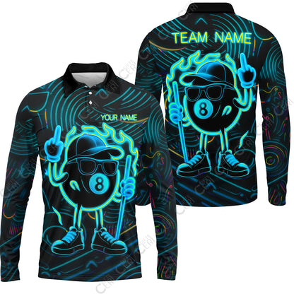 Customized 8 Ball Pool Long Sleeve Polo Shirt, 8-Ball Billiard Neon Cartoon Flaming, Billiard Jerseys