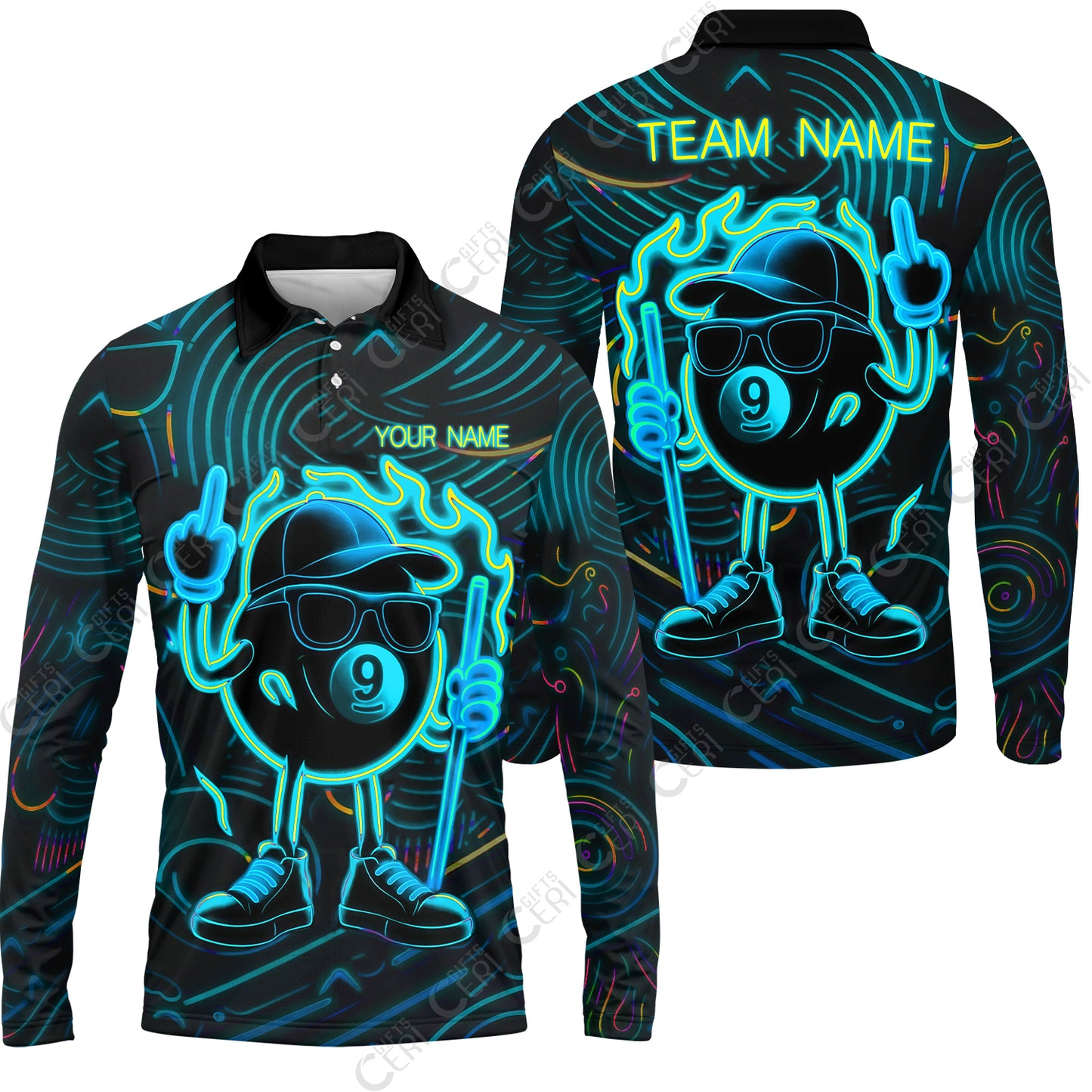 Customized 9 Ball Pool Long Sleeve Polo Shirt, 9-Ball Billiard Neon Cartoon Flaming, Billiard Jerseys