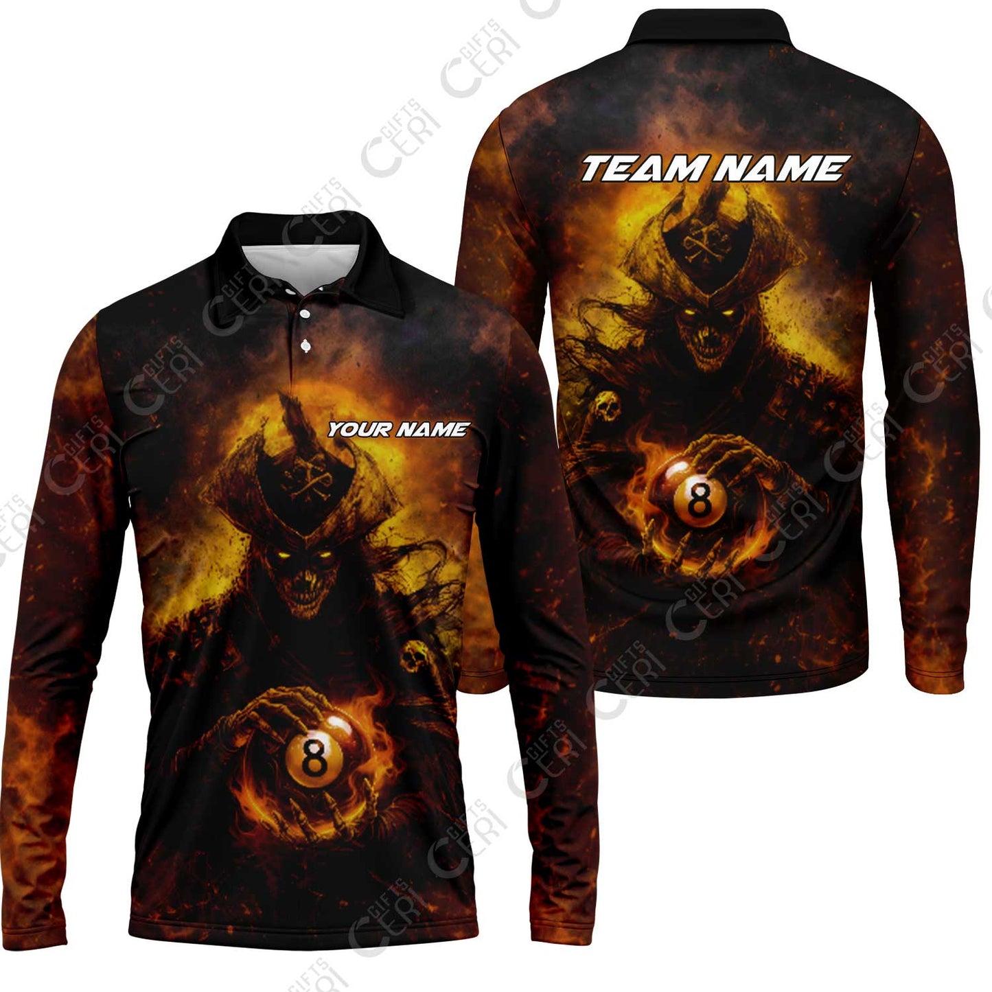 Customized Billiards Long Sleeve Polo Shirt, Personalized Ghost Captains 8 Ball Jersey Gift For Billiard Players