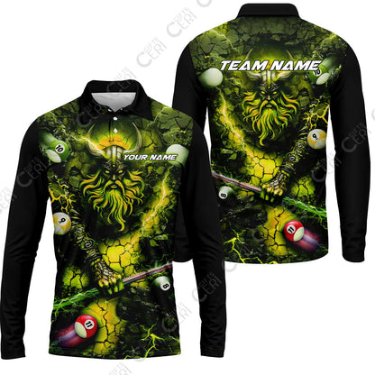 Customized Billiards Long Sleeve Polo Shirt, Personalized Thunder Viking Billiards Jersey Gift For Billiard Players