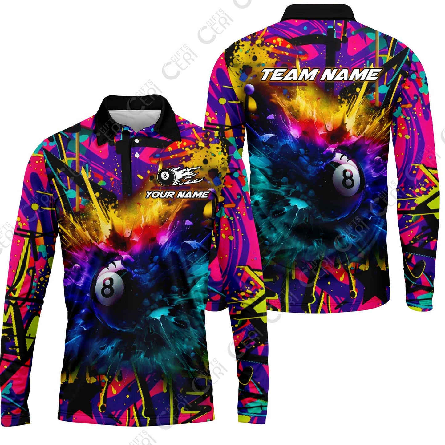 Customized Billiards Long Sleeve Polo Shirt, Personalized Neon Chaos 8 Ball Jersey Gift For Billiard Players