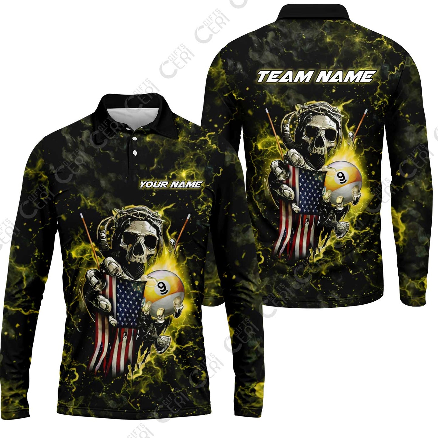 Customized Billiards Long Sleeve Polo Shirt, Personalized Ghost Break 9 Ball Jersey Gift For Billiard Players