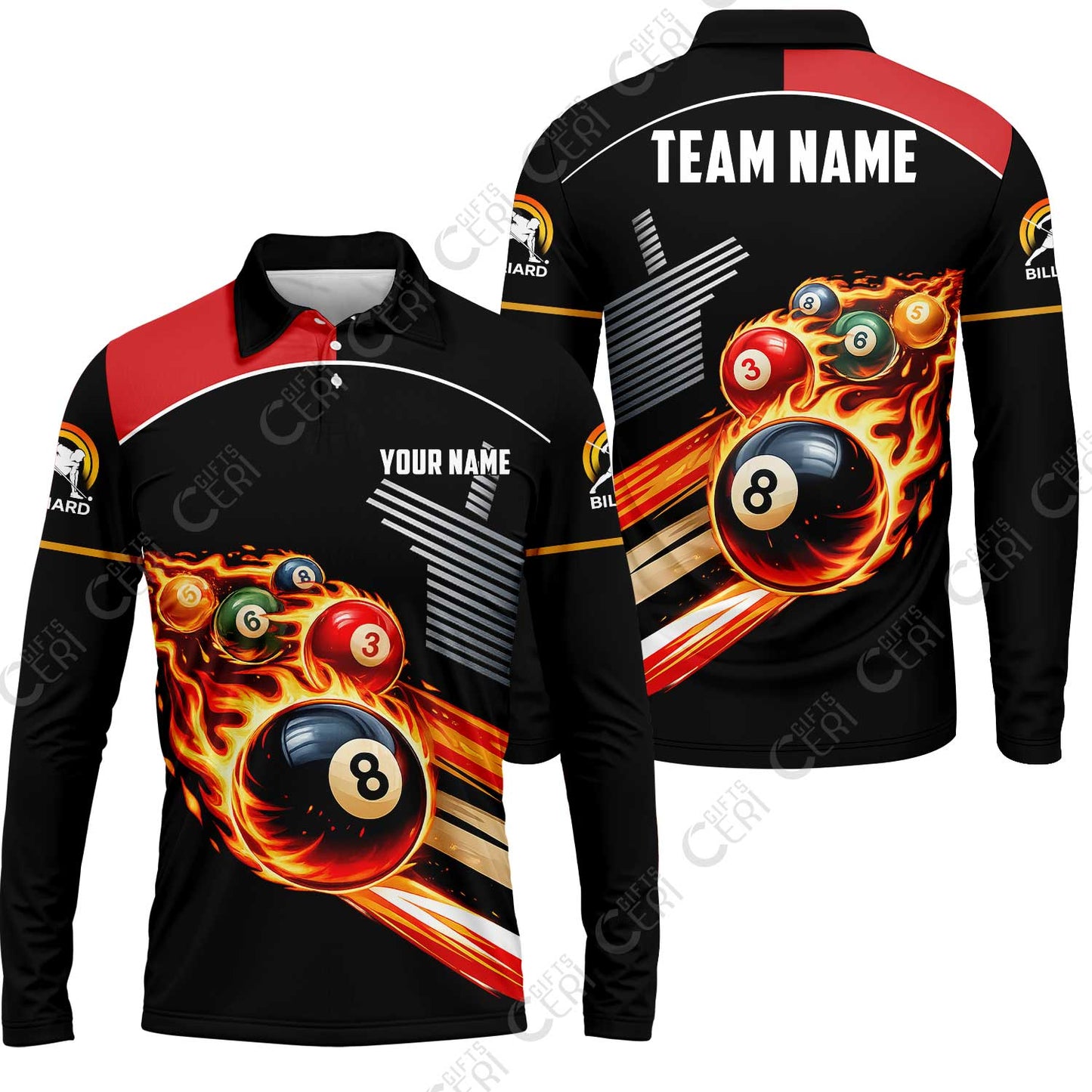 Customized 8 Ball Pool Long Sleeve Polo Shirt, Billiards 8-Ball The Balls Are Burning, Billiards Jerseys