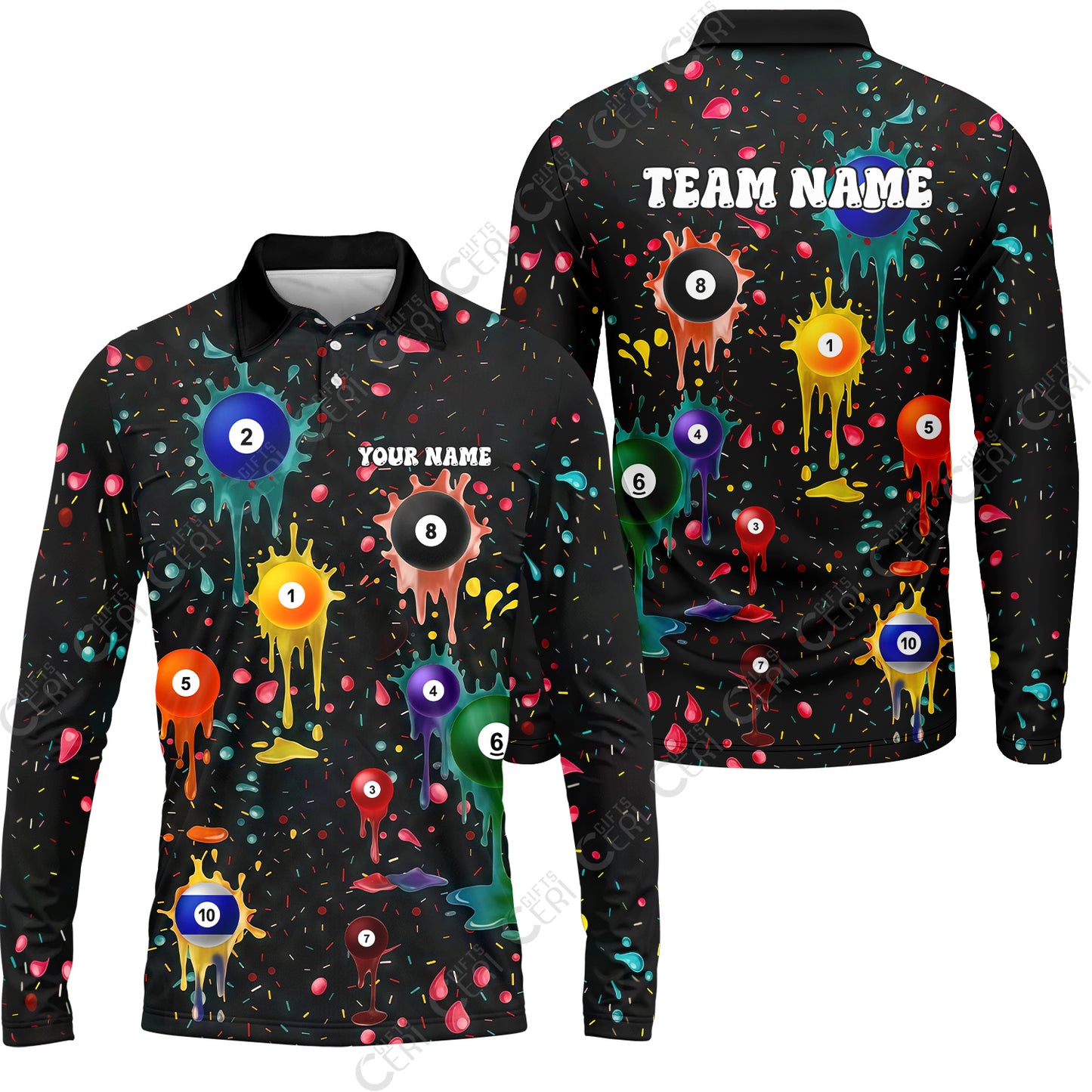Customized 8 Ball Pool Long Sleeve Polo Shirt, Billiards 8-Ball Colorful Paint-Splash, Billiards Jerseys
