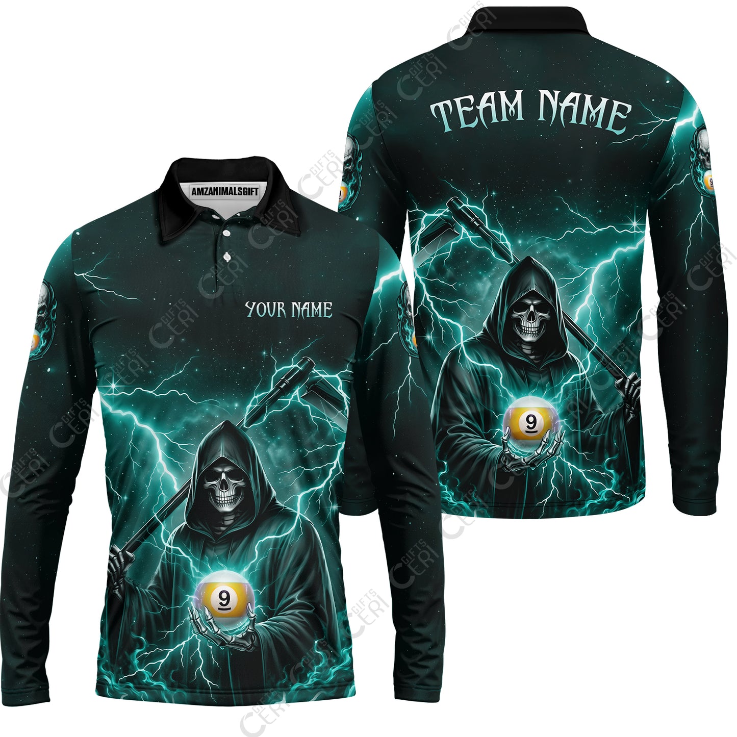 Customized 9 Ball Pool Long Sleeve Polo Shirt, Lightning And Flame Grim Reaper With 9 Ball, Personalized Billiards Jersey