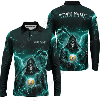 Customized 9 Ball Pool Long Sleeve Polo Shirt, Lightning And Flame Grim Reaper With 9 Ball, Personalized Billiards Jersey