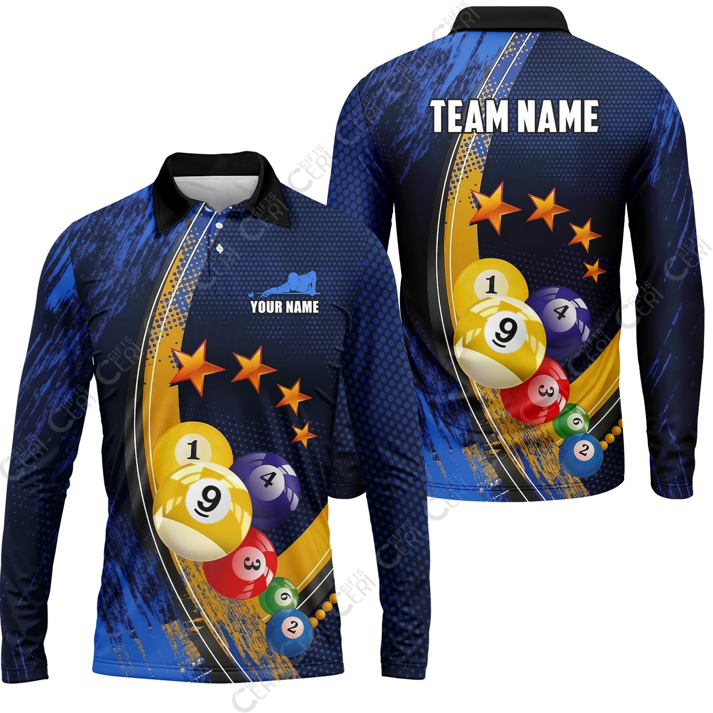 Customized 9 Ball Pool Long Sleeve Polo Shirt, Brush Paint Billiards 9-Ball, Personalized Billiards Jersey