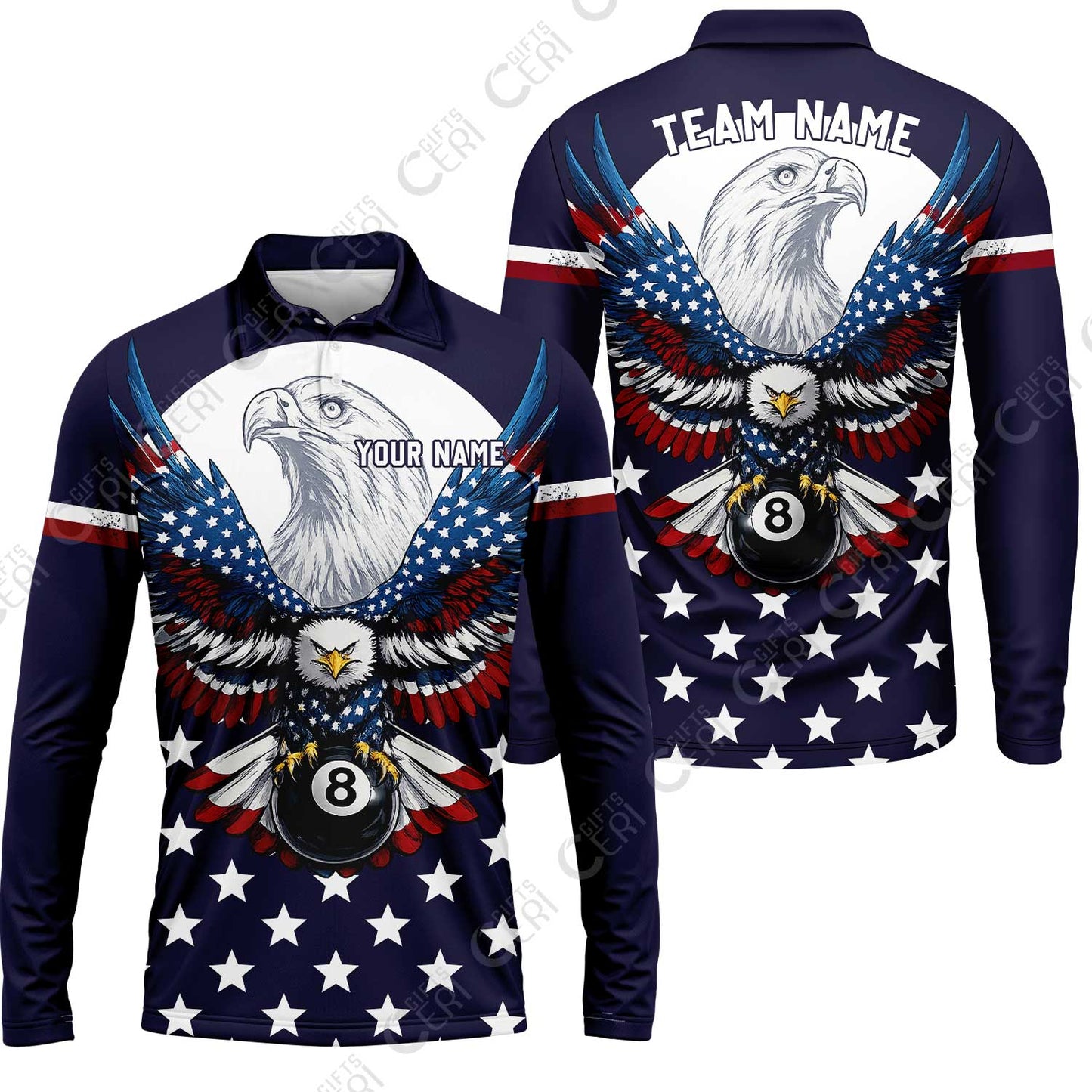 Customized 8 Ball Pool Long Sleeve Polo Shirt, American Eagle Billiards 8-Ball, Personalized Billiards Jersey