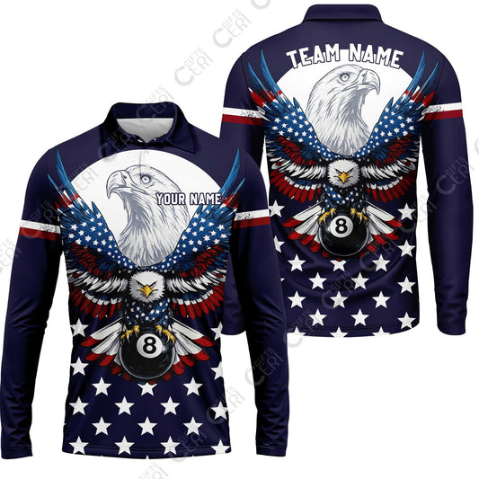 Customized 8 Ball Pool Long Sleeve Polo Shirt, American Eagle Billiards 8-Ball, Personalized Billiards Jersey