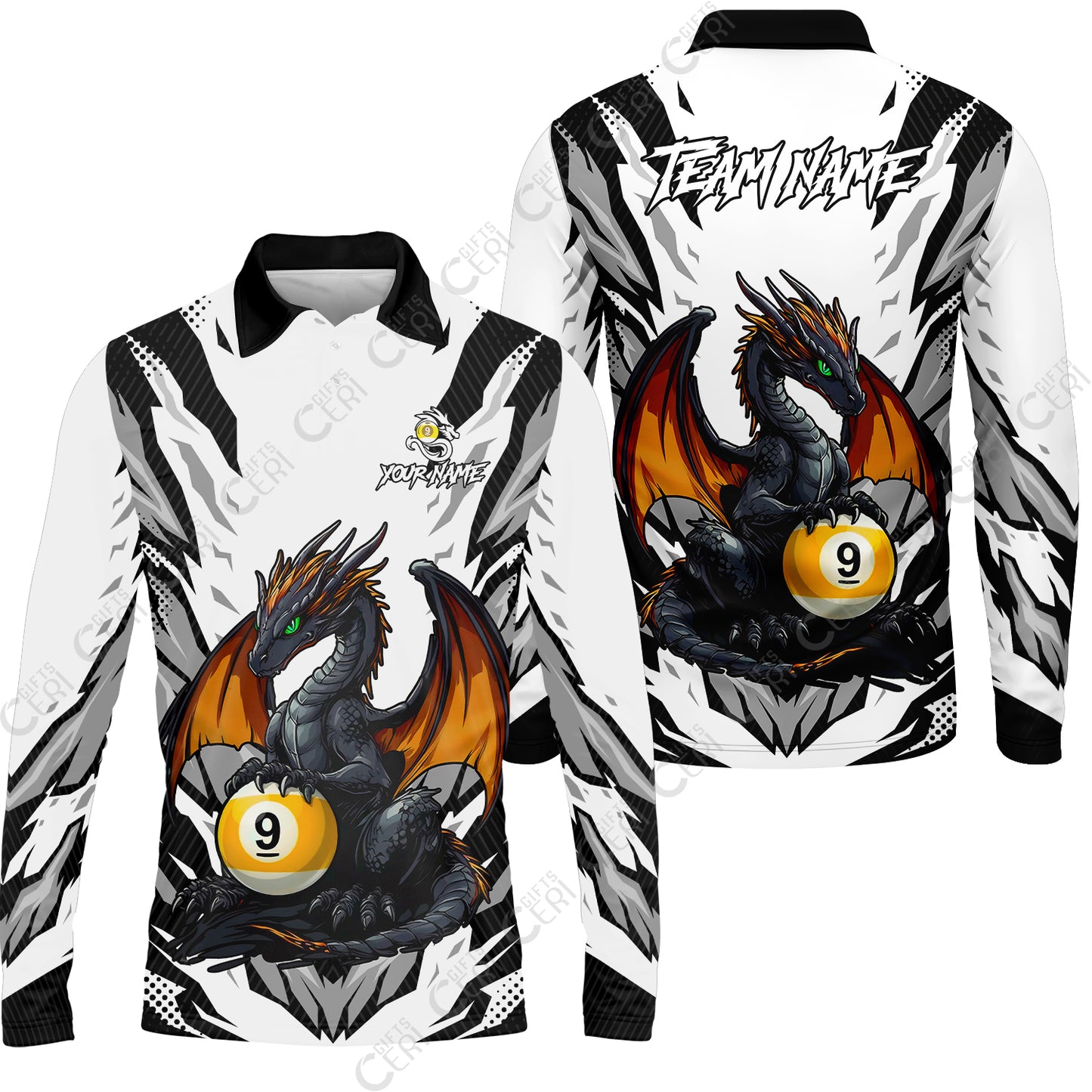 Customized Billiards Long Sleeve Polo Shirt, Personalized Baby Dragon 9 Ball Jersey Gift For Billiard Players