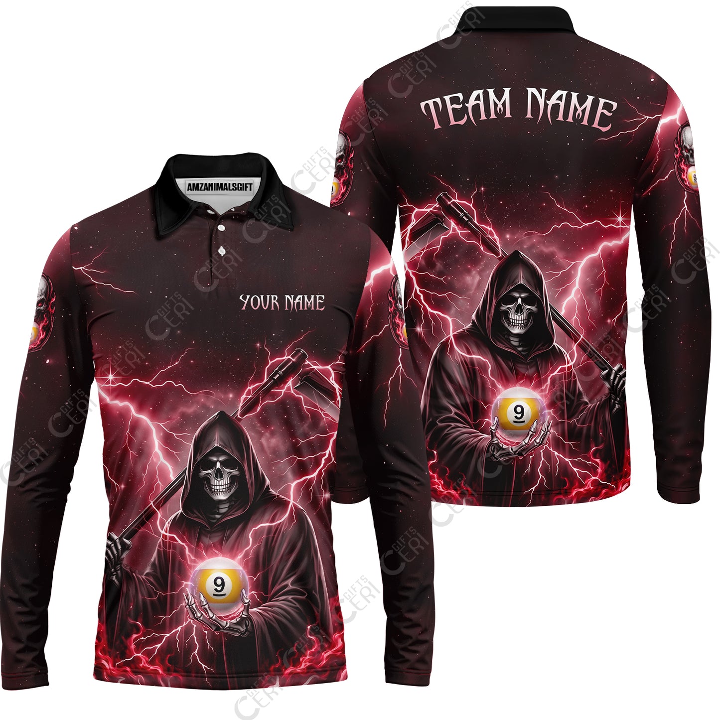Customized 9 Ball Pool Long Sleeve Polo Shirt, Lightning And Flame Grim Reaper With 9 Ball, Personalized Billiards Jersey