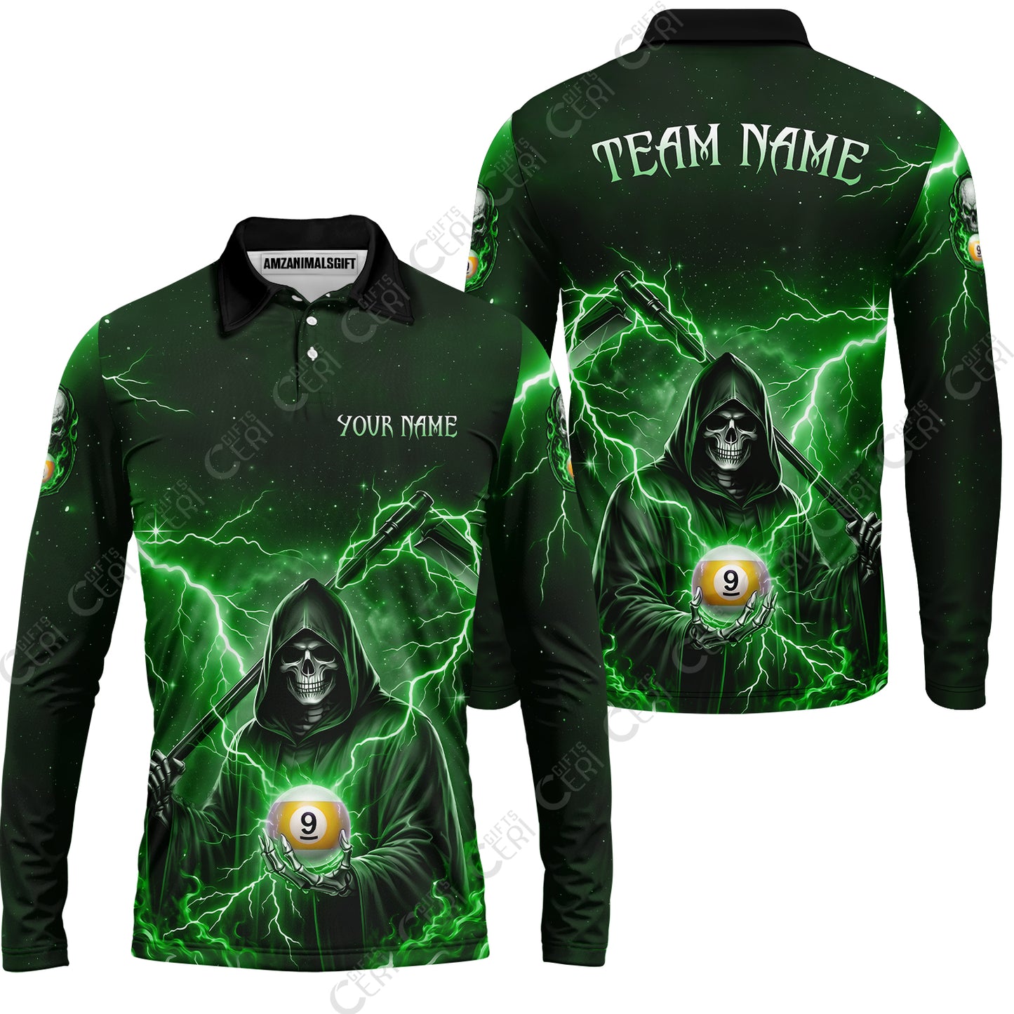 Customized 9 Ball Pool Long Sleeve Polo Shirt, Lightning And Flame Grim Reaper With 9 Ball, Personalized Billiards Jersey