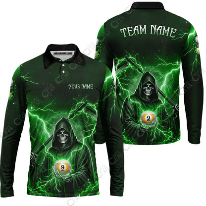 Customized 9 Ball Pool Long Sleeve Polo Shirt, Lightning And Flame Grim Reaper With 9 Ball, Personalized Billiards Jersey