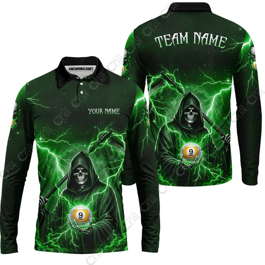 Customized 9 Ball Pool Long Sleeve Polo Shirt, Lightning And Flame Grim Reaper With 9 Ball, Personalized Billiards Jersey