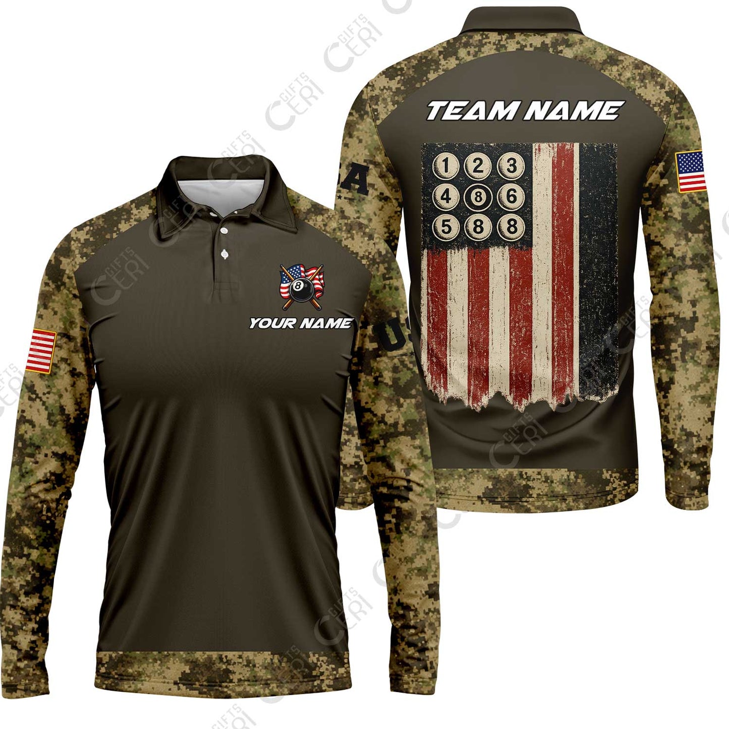 Customized 8 Ball Pool Long Sleeve Polo Shirt, Billiard 8-Ball American Pool Warrior, Billiards Jerseys