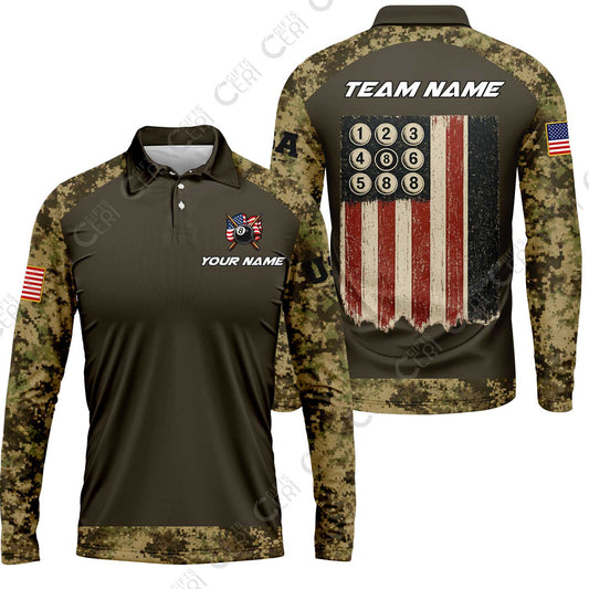 Customized 8 Ball Pool Long Sleeve Polo Shirt, Billiard 8-Ball American Pool Warrior, Billiards Jerseys