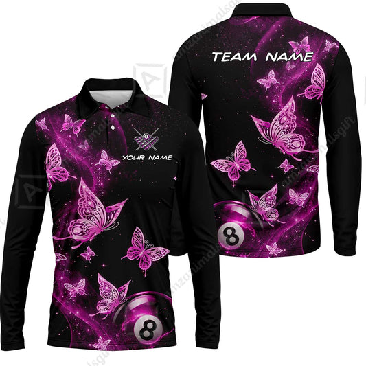 Customized 8 Ball Pool Long Sleeve Polo Shirt, Galaxy And Butterflies, Personalized Billiards Jersey