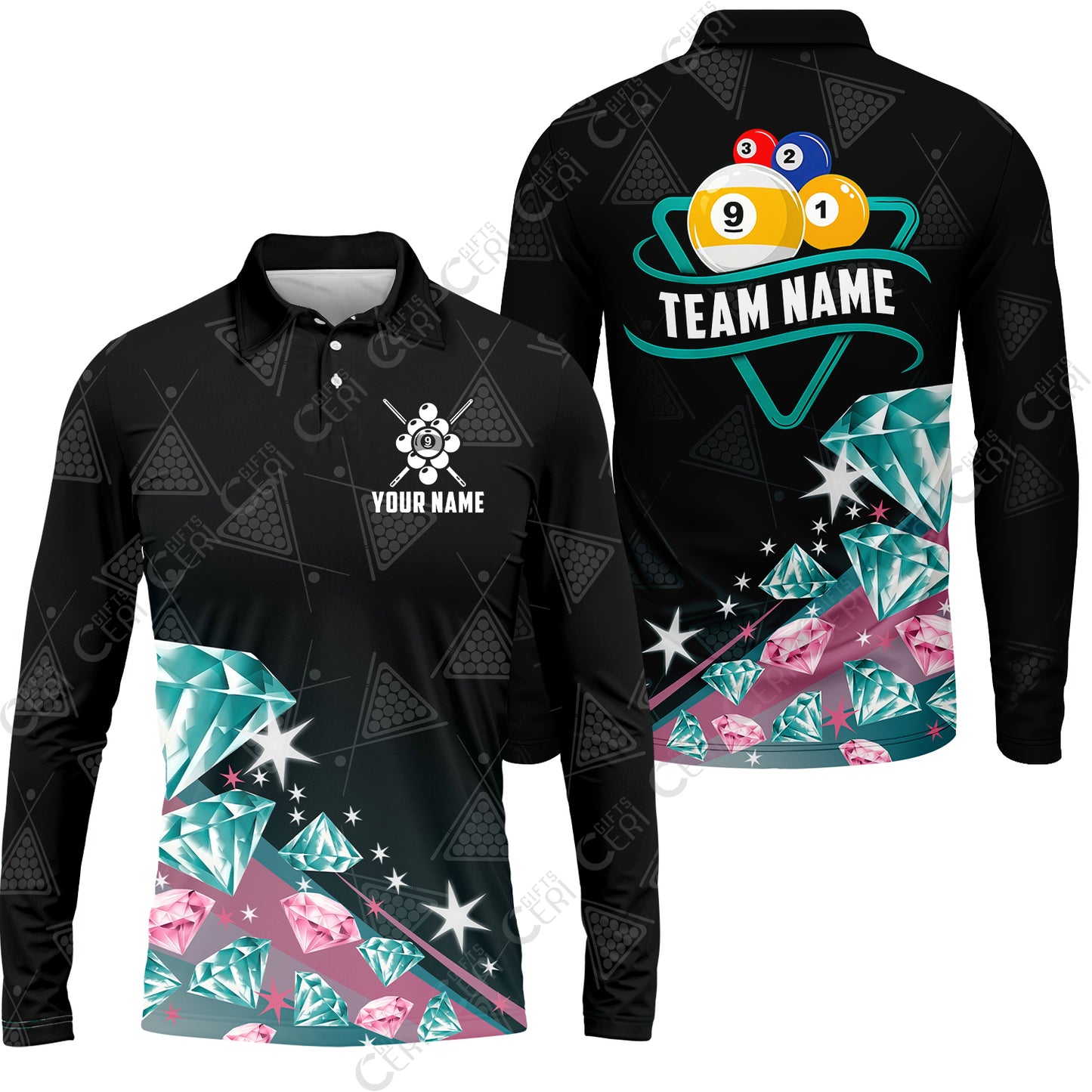 Customized 9 Ball Pool Long Sleeve Polo Shirt, Diamonds Billiard 9-Ball, Personalized Billiards Jersey