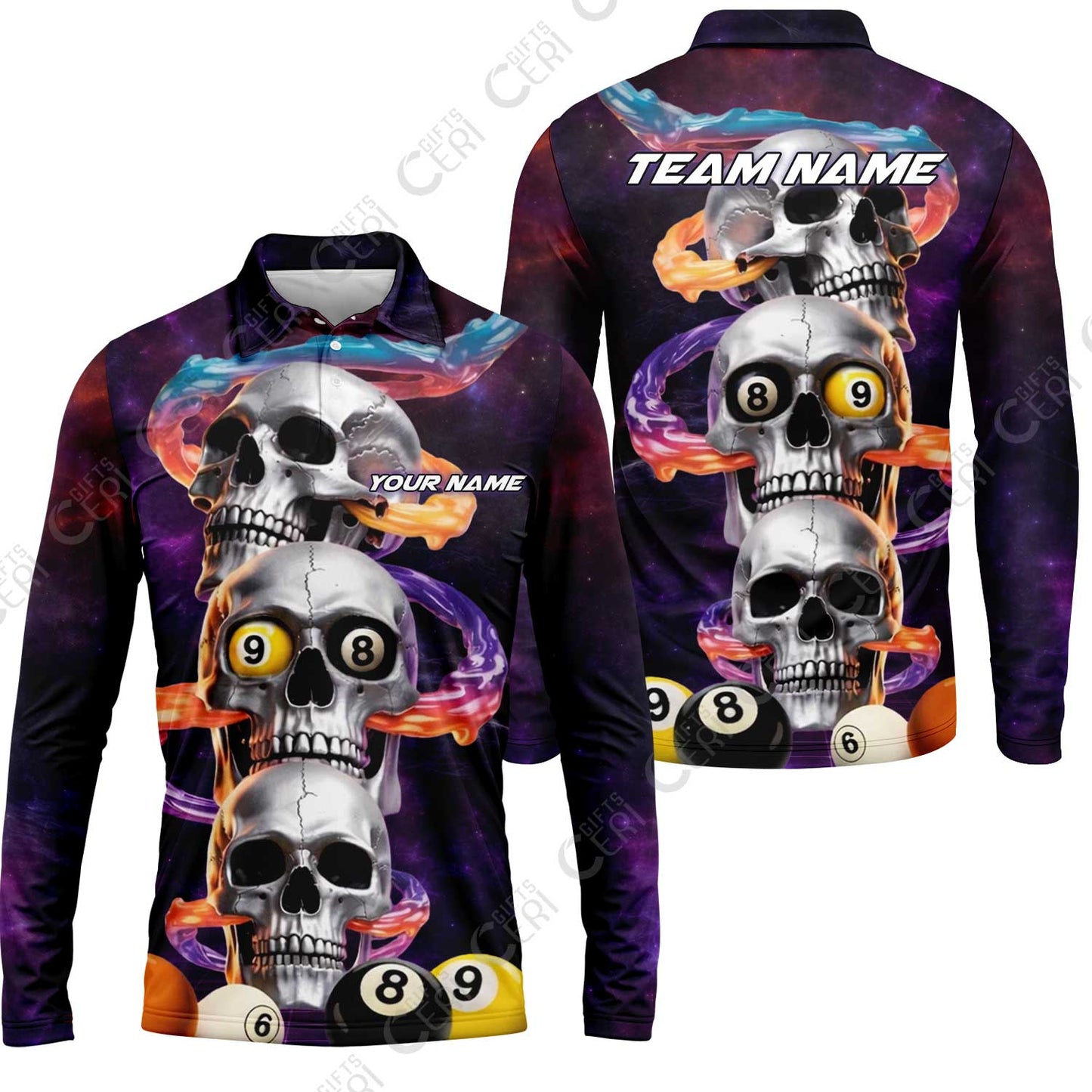 Customized 8 Ball Pool Long Sleeve Polo Shirt, Billiards 8-Ball Galaxy Reaper, Billiards Jerseys
