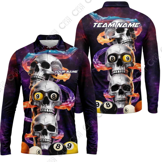 Customized 8 Ball Pool Long Sleeve Polo Shirt, Billiards 8-Ball Galaxy Reaper, Billiards Jerseys