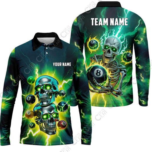 Customized 8 Ball Pool Long Sleeve Polo Shirt, Billiards 8-Ball Thunder Skull, Billiards Jerseys