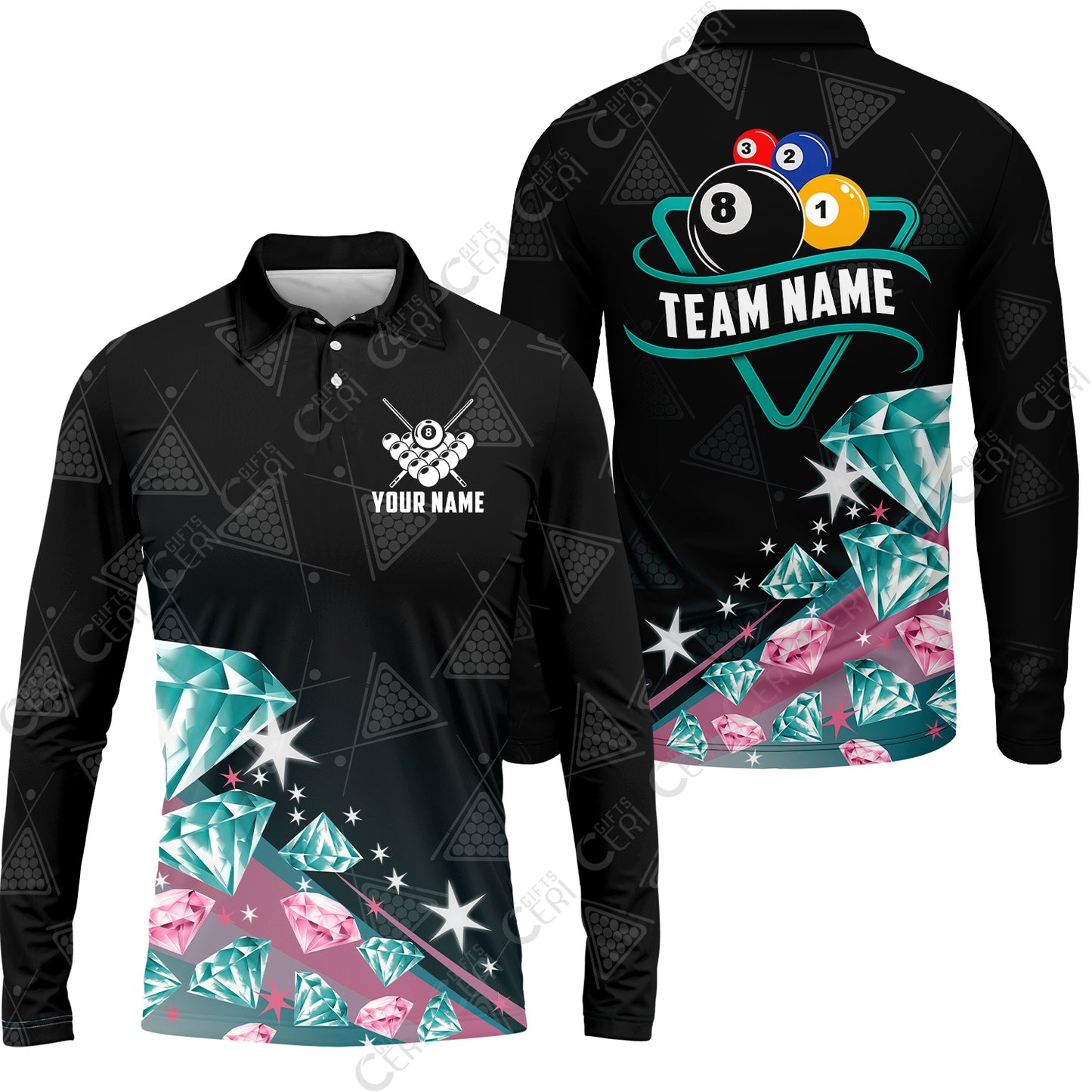 Customized 8 Ball Pool Long Sleeve Polo Shirt, Diamonds Billiard 8-Ball, Personalized Billiards Jersey