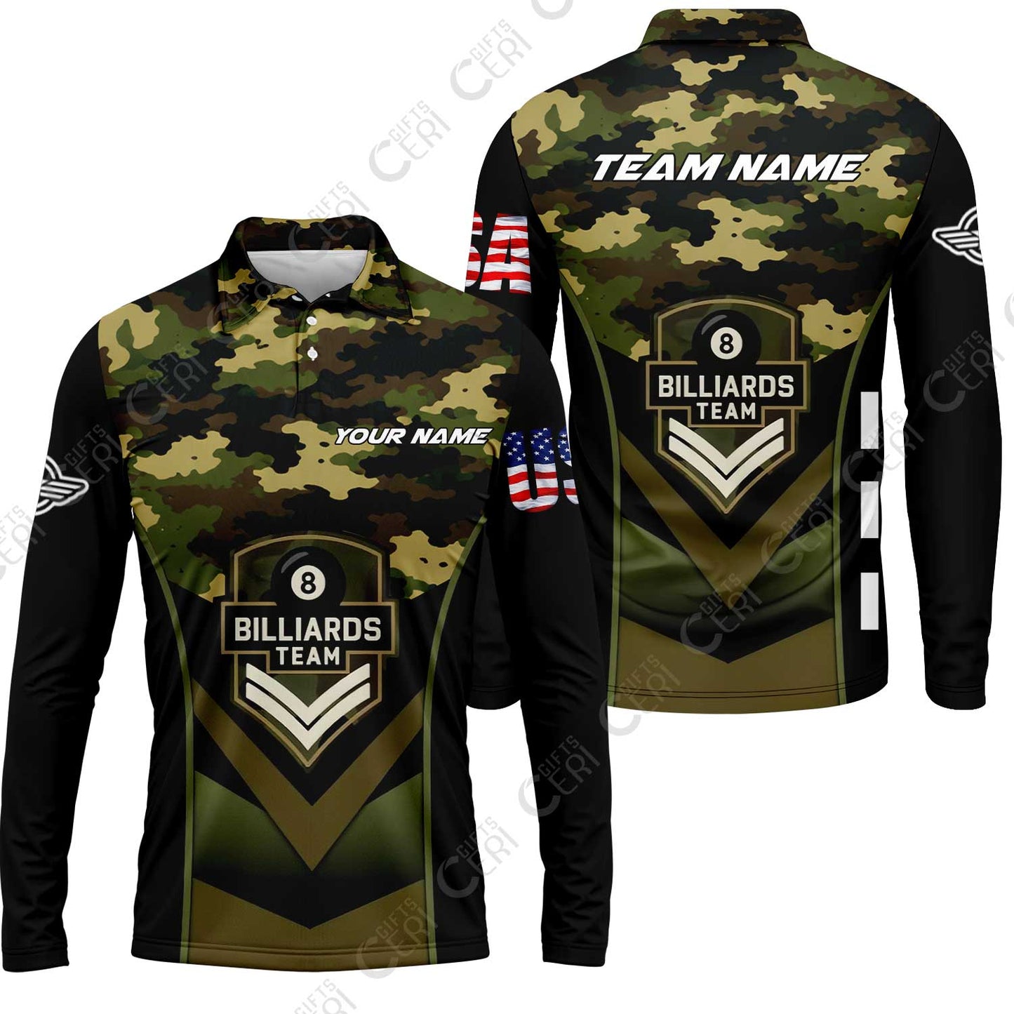 Customized 8 Ball Pool Long Sleeve Polo Shirt, Camo Billiards Elite Billiard 8-Ball, Billiards Jerseys