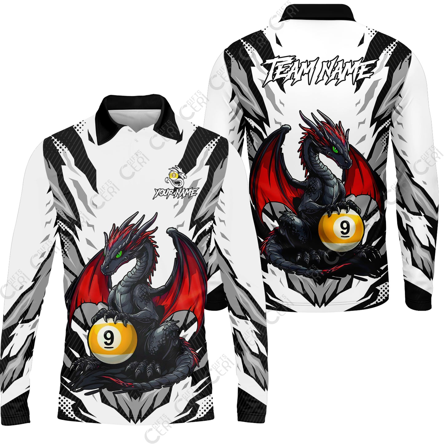 Customized Billiards Long Sleeve Polo Shirt, Personalized Baby Dragon 9 Ball Jersey Gift For Billiard Players