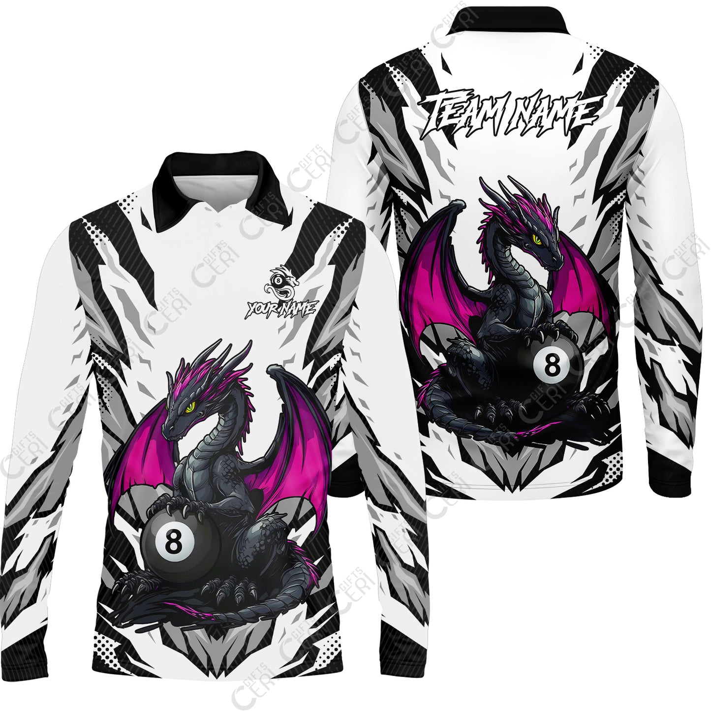 Customized Billiards Long Sleeve Polo Shirt, Personalized Baby Dragon 8 Ball Jersey Gift For Billiard Players