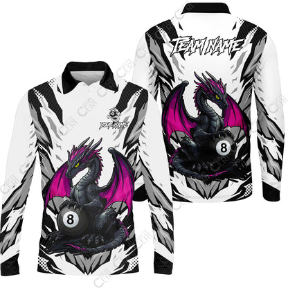 Customized Billiards Long Sleeve Polo Shirt, Personalized Baby Dragon 8 Ball Jersey Gift For Billiard Players
