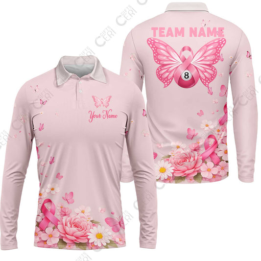 Customized 8 Ball Pool Long Sleeve Polo Shirt, Floral Butterfly Billiards 8-Ball, Personalized Billiards Jersey