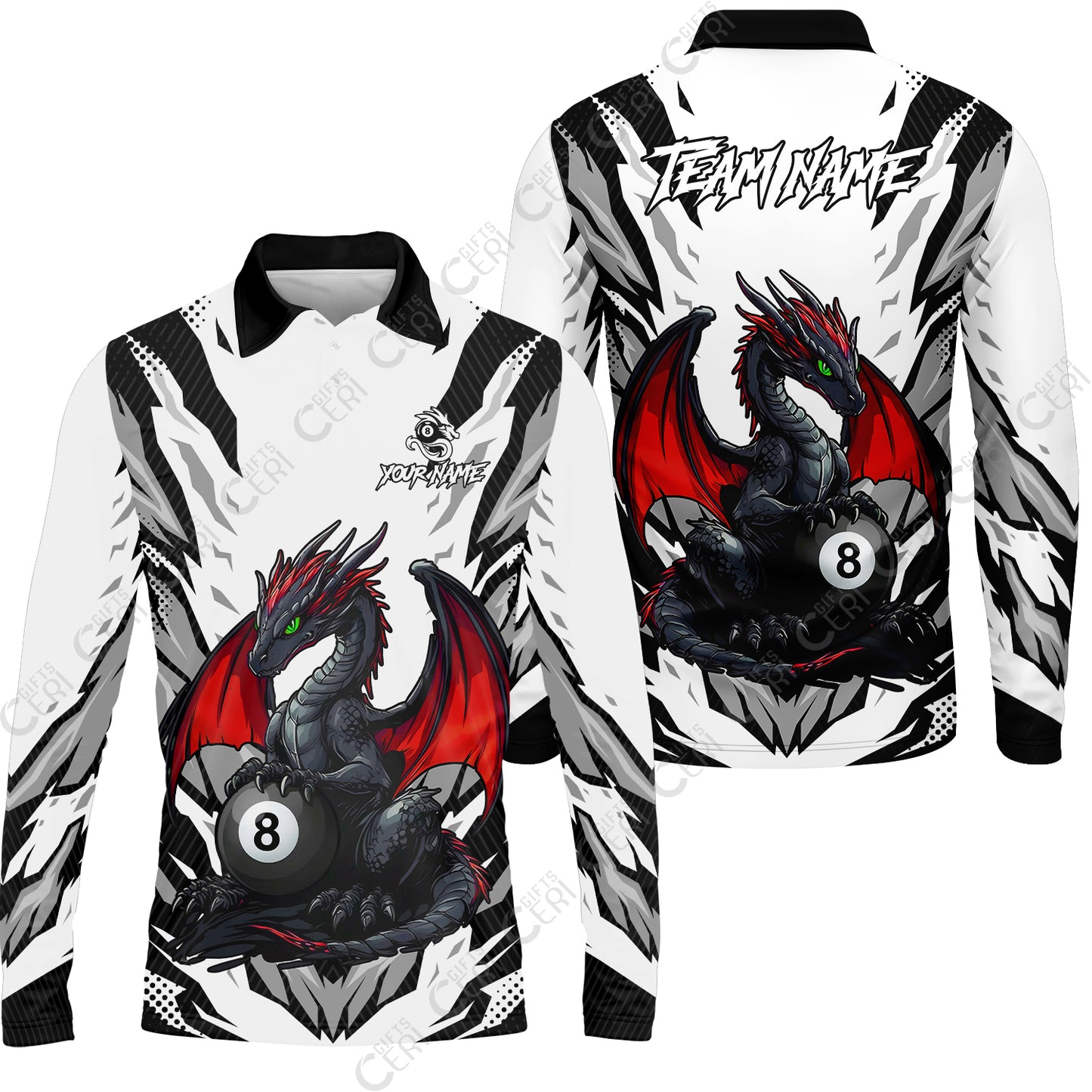 Customized Billiards Long Sleeve Polo Shirt, Personalized Baby Dragon 8 Ball Jersey Gift For Billiard Players