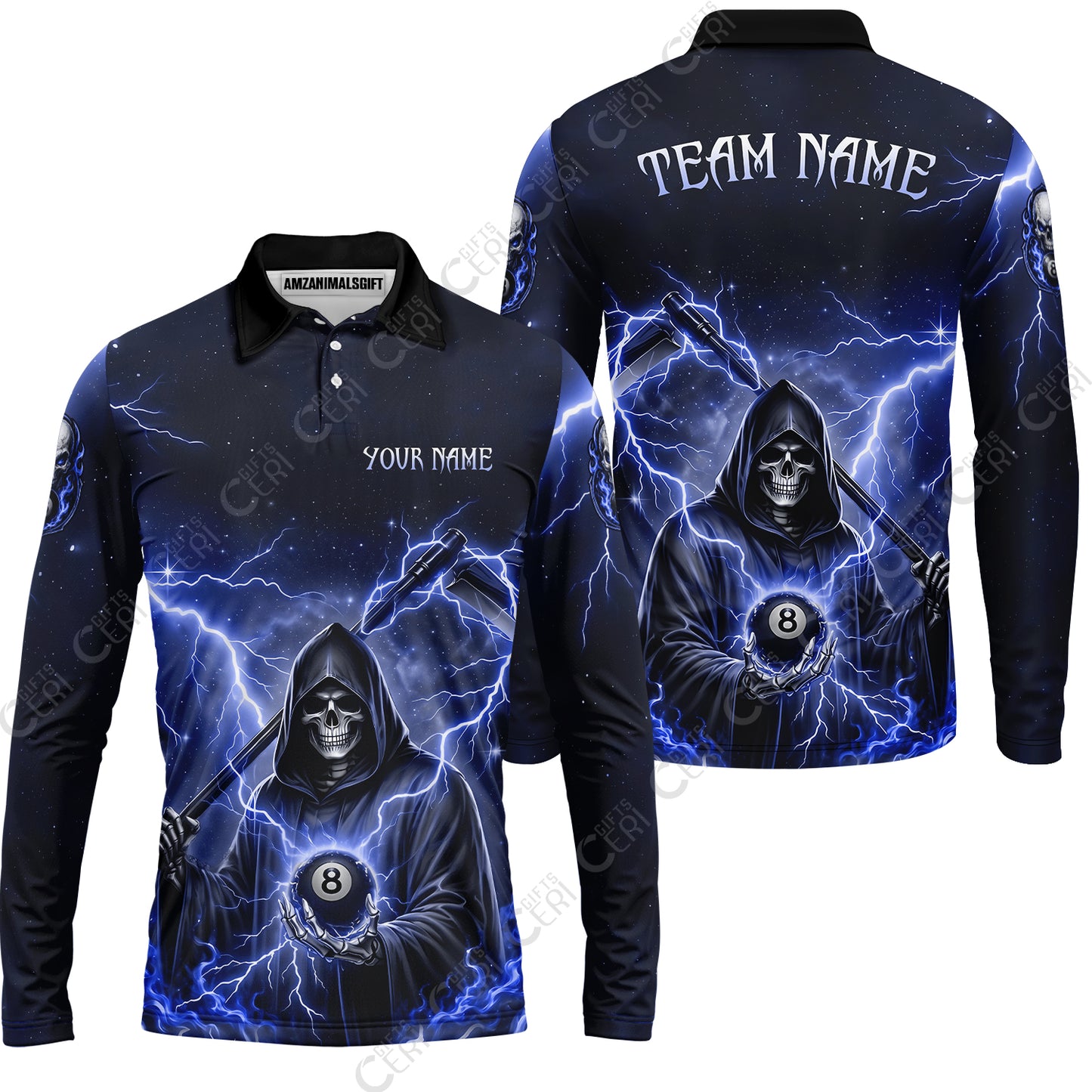 Customized 8 Ball Pool Long Sleeve Polo Shirt, Lightning And Flame Grim Reaper With 8 Ball, Personalized Billiards Jersey